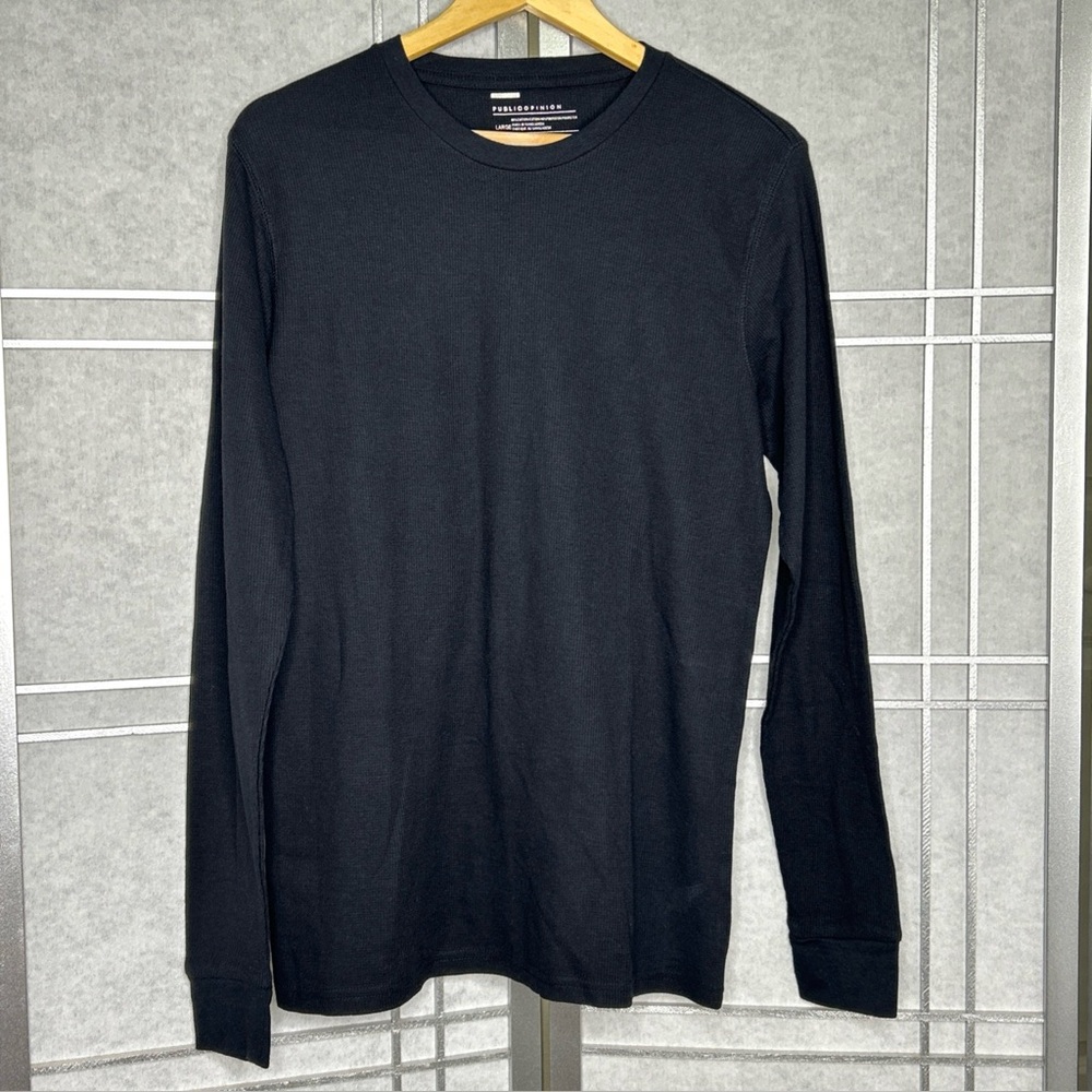 PUBLIC OPINION Long Sleeve Waffle Shirt Black Crew Neck Men’s Large